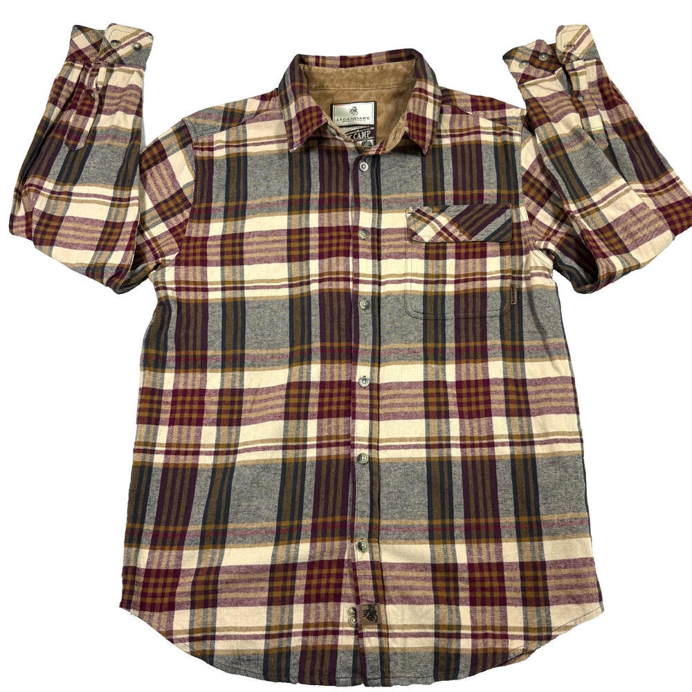 Legendary Whitetails Mens M Buck Camp Flannel Shirt Tan Burgundy Plaid Outdoor